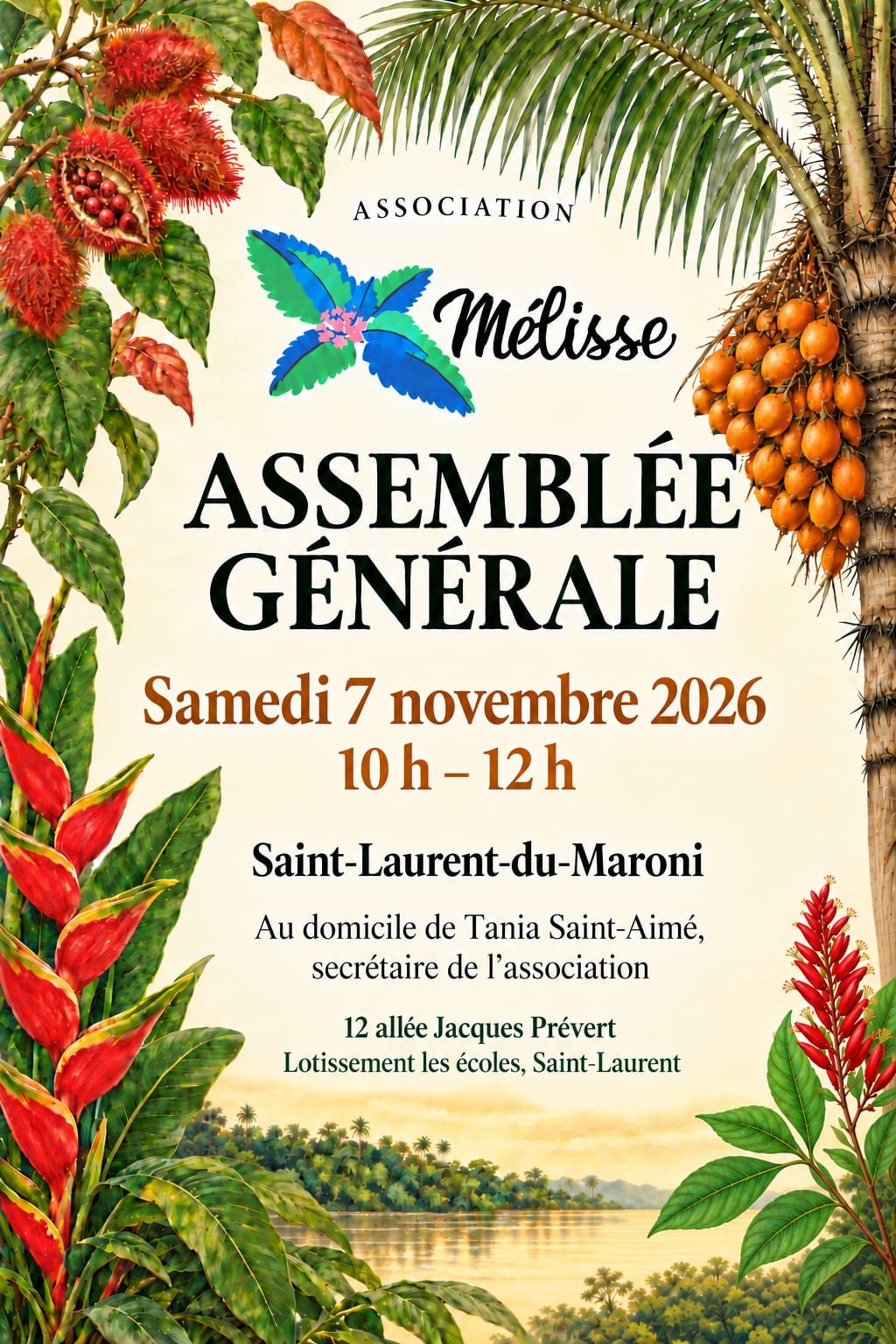Association Mélisse — Assemblée générale le samedi 7 novembre 2026, de 10 h à 12 h, à Saint-Laurent-du-Maroni, au domicile de Tania Saint-Aimé, secrétaire de l'association : 12 allée Jacques Prévert, lotissement les Écoles, Saint-Laurent.